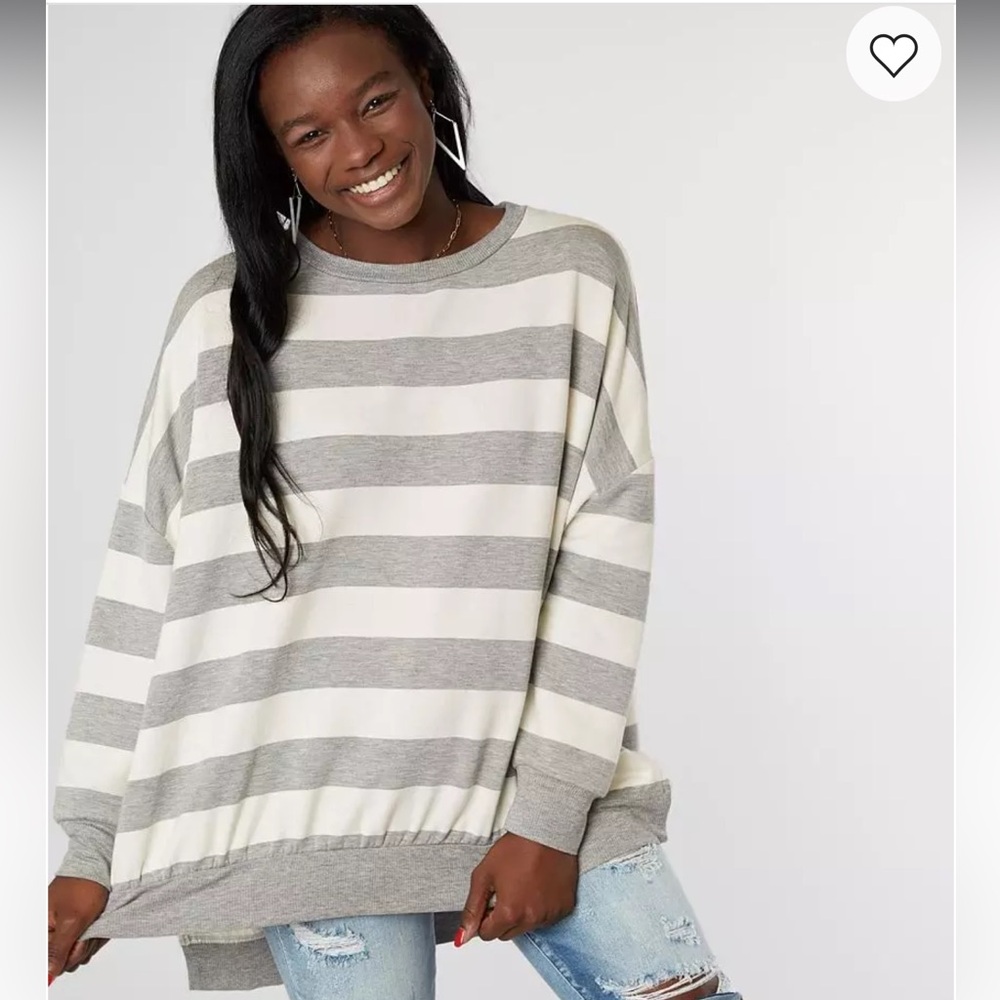 BKE Grey and White Striped Crew Neck Sweatshirt - XS